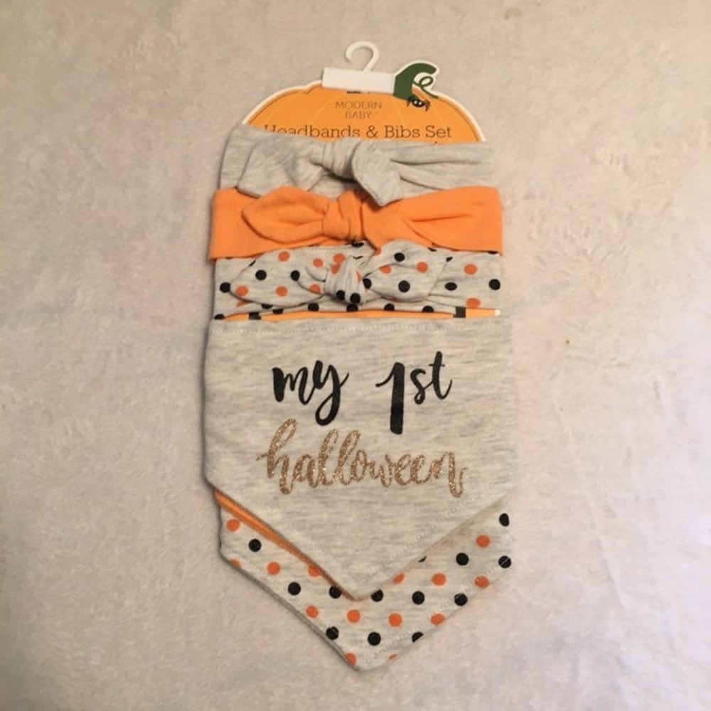 Modern Baby Bibs & Headbands Set Baby OS Gray Orange New My 1st Halloween 6pc